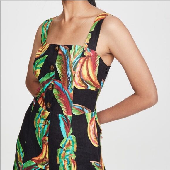 NWT FARM Rio Preta Black Bold Tropical Banana Print Square Neck Linen Mini Dress - Picture 7 of 11